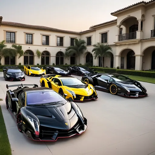 Prompt: 6 black mix with yellow Lamborghini Veneno parking in a row in a massive yard outside a massive, opulent penthouse, dawn