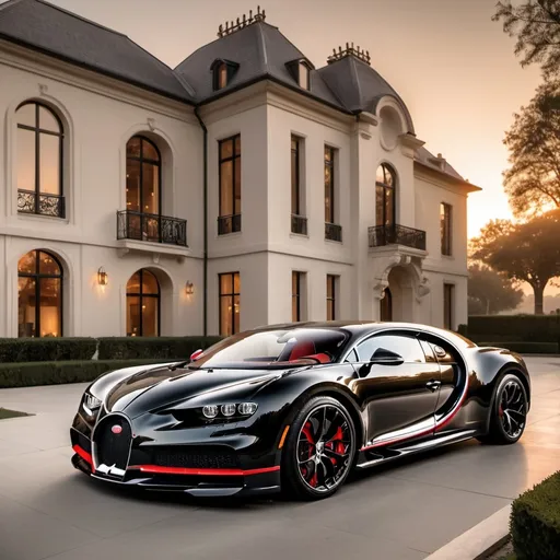 Prompt: 6 black mix with red Bugatti Chiron Super Sport 300+ parking in a row in a massive yard outside a massive, opulent penthouse, dawn