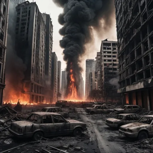 Prompt: Extremely destroyed city, badly destroyed skyscrapers, road, smashed buildings at the sides. Rotting human corpses all over the place, headless, entrails hanging out, terror, gore, bloody buildings, lots of skyscrapers. Fire burning all over, eerie atmosphere, black sky, a destroyed tank on the sidewalk. 