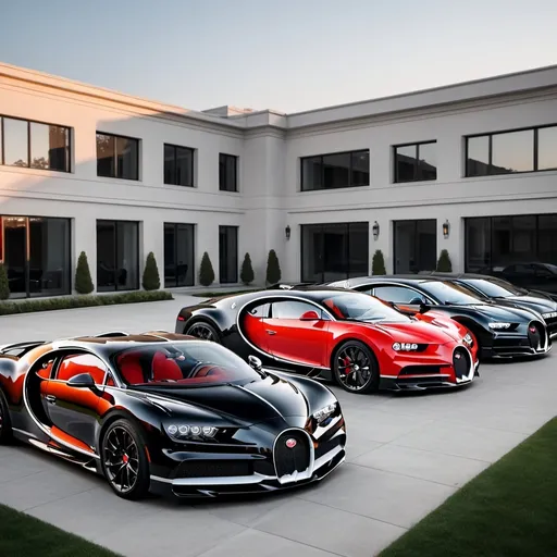 Prompt: 6 black mix with red Bugatti Chiron Super Sport 300+ parking in a row in a massive yard outside a massive, opulent penthouse, dawn