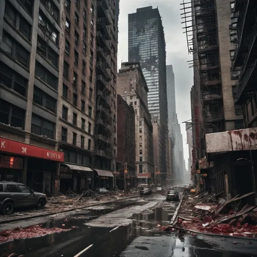 Prompt: Extremely destroyed city, badly destroyed skyscrapers, road, smashed buildings at the sides. Rotting human corpses all over the place, headless, entrails hanging out, terror, gore, bloody buildings, lots of skyscrapers, eerie atmosphere, pretty dark sky, raining heavily. New York city.