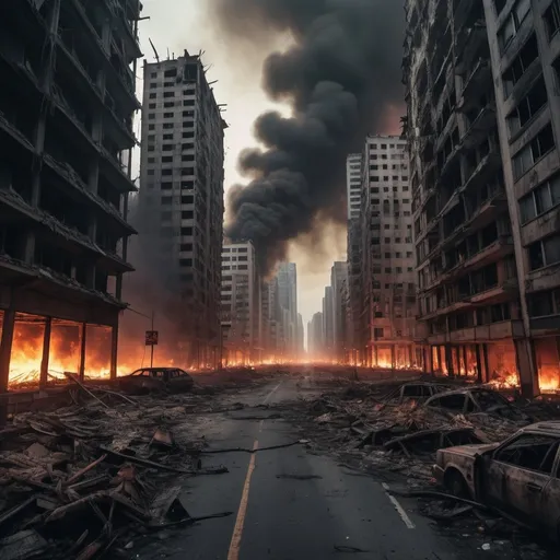 Prompt: Extremely destroyed city, badly destroyed skyscrapers, road, smashed buildings at the sides. Rotting human corpses all over the place, headless, entrails hanging out, terror, gore, bloody buildings, lots of skyscrapers. Fire burning all over, eerie atmosphere, pretty dark sky.