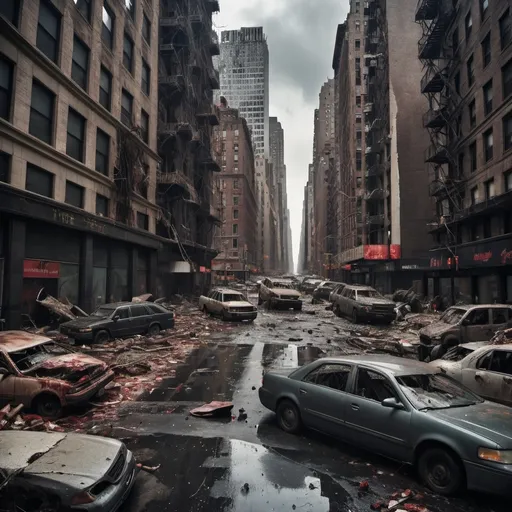 Prompt: Extremely destroyed city, badly destroyed skyscrapers, road, smashed buildings at the sides. Rotting human corpses all over the place, headless, entrails hanging out, terror, gore, bloody buildings, lots of skyscrapers, eerie atmosphere, pretty dark sky, raining heavily. New York city. A tall building cut in half, almost fall down.