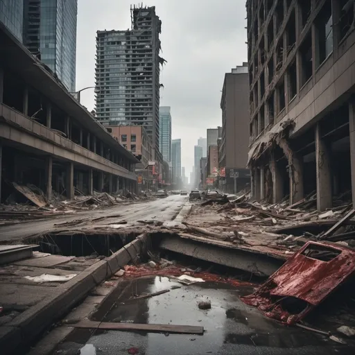 Prompt: Extremely destroyed city, badly destroyed skyscrapers, road, smashed buildings at the sides. Rotting human corpses all over the place, headless, entrails hanging out, terror, gore, bloody buildings, lots of skyscrapers, eerie atmosphere, pretty dark sky, raining heavily. Toronto city. A tall building has a massive hole in the middle, almost tore it apart, it’s about to fall, leaning towards the ground.