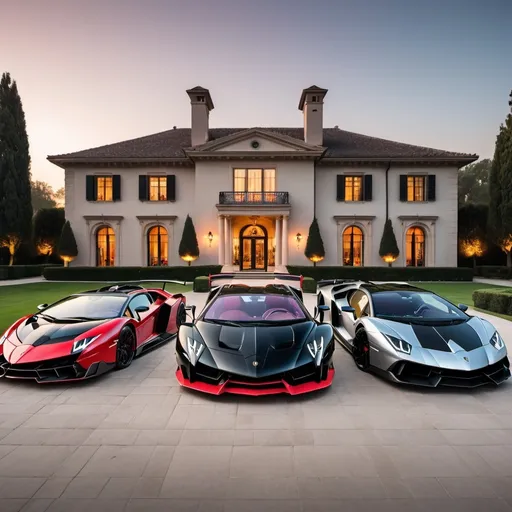 Prompt: Eight black mix with red Lamborghini Veneno and Lamborghini Aventador SVJs without roof and a black Bugatti Chiron parking next to each other in a row in a massive yard of a luxurious and modern mansion. Sunset