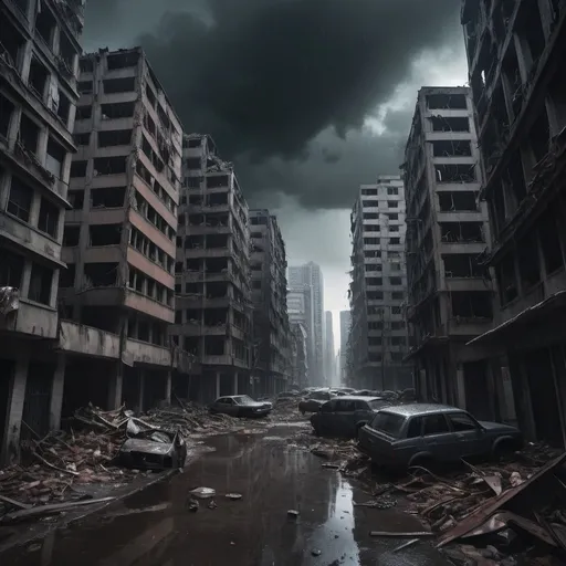 Prompt: Extremely destroyed city, badly destroyed skyscrapers, road, smashed buildings at the sides. Rotting human corpses all over the place, headless, entrails hanging out, terror, gore, bloody buildings, lots of skyscrapers, eerie atmosphere, pretty dark sky, raining heavily.