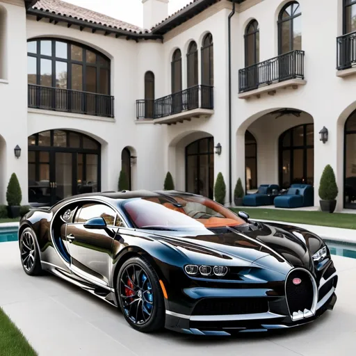 Prompt: 6 black Bugatti Chiron Super Sport 300+ parking in a row in a massive yard with a pool outside a massive, opulent penthouse, 