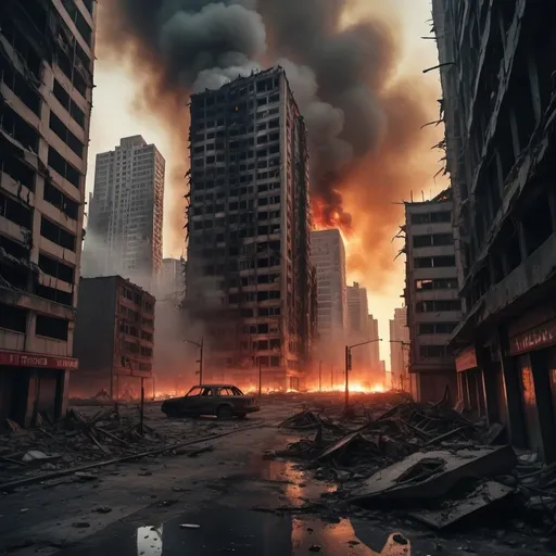 Prompt: Extremely destroyed city, badly destroyed skyscrapers, road, smashed buildings at the sides. Rotting human corpses all over the place, headless, entrails hanging out, terror, gore, bloody buildings, lots of skyscrapers. Fire burning all over, eerie atmosphere, slightly bright sky, a destroyed tank on the sidewalk. Midnight.