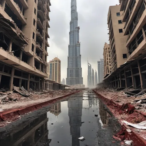 Prompt: Extremely destroyed city, badly destroyed skyscrapers, road, smashed buildings at the sides. Rotting human corpses all over the place, headless, entrails hanging out, terror, gore, bloody buildings, lots of skyscrapers, eerie atmosphere, pretty dark sky, raining heavily. Dubai city. A tall building has a massive hole in the middle, almost tore it apart, it’s about to fall, leaning towards the ground.