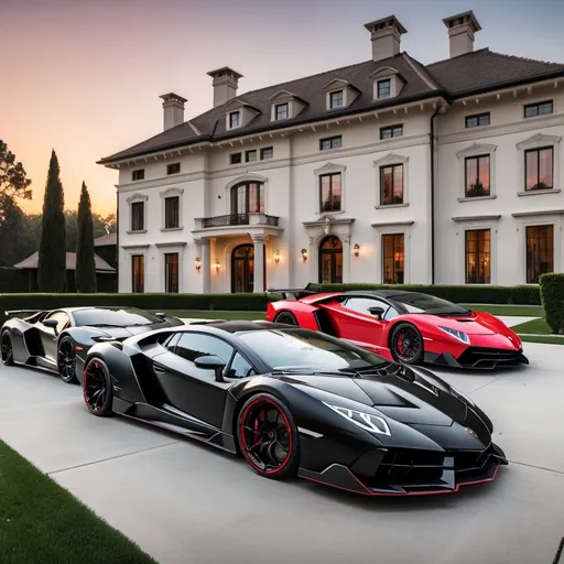 Prompt: Eight black mix with red Lamborghini Veneno and Lamborghini Aventador SVJs without roof and a black Bugatti Chiron parking next to each other in a row in a massive yard of a luxurious and modern mansion. Sunset