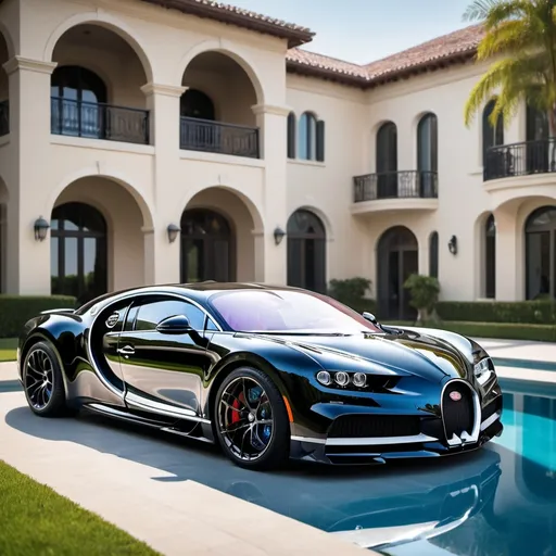 Prompt: (currents in the image "6 black Bugatti Chiron Super Sport 300+"), sleek supercars parked in a row, (luxurious opulent penthouse) in the background, expansive manicured yard, sparkling blue pool shimmering under bright sunlight, (high detail) photography style, (vibrant colors), cinematic depth of field, ultra-detailed, captivating grandeur ambiance, showcasing wealth and sophistication.