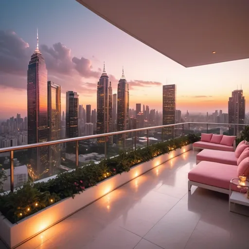 Prompt: (vibrant sunset), a stunning modern city skyline illuminated by warm hues of orange and pink, viewed from a massive, elegantly designed balcony, luxurious white outdoor furniture, lush greenery, and stylish decor, atmospheric and serene, soft golden light spilling over the edge, ultra-detailed, 4K, cinematic composition, captivating depth and perspective. Lots of modern and extremely tall skyscrapers with lights