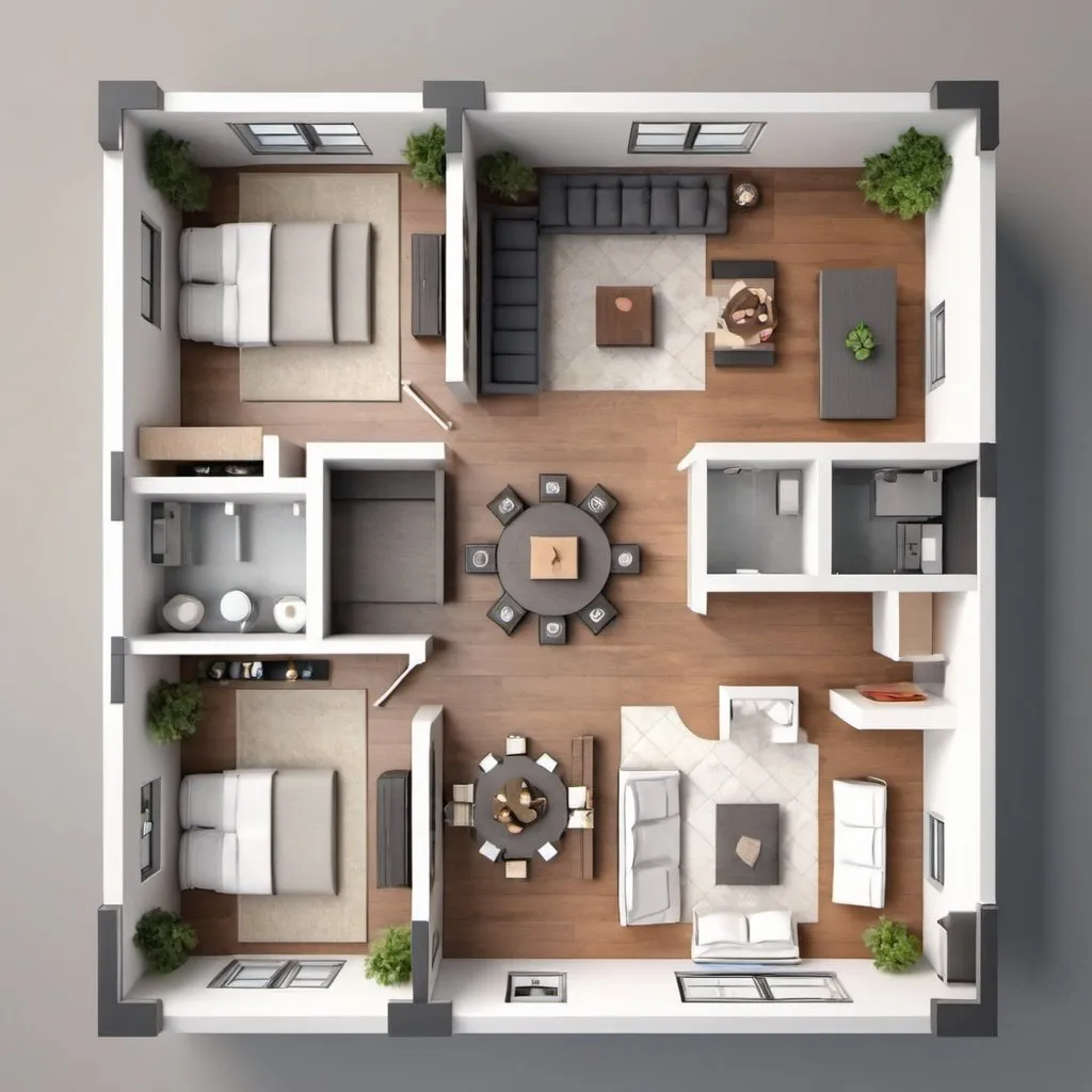 Prompt: Floor plan of a house top view 3D illustration. Open concept living apartment layout,top view,size 22.8cm and 30cm image,hd quality,switch board size 8.6cmx 8.6cm