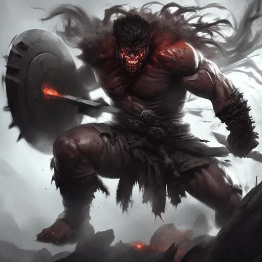 Prompt: Fierce berserker warrior in battle, digital painting, raging in intense fury, dynamic action pose, high-contrast lighting, dramatic shadows, detailed muscles and scars, powerful and aggressive, epic fantasy, dark and intense color palette, high quality, digital painting, intense action, muscular physique, dynamic lighting