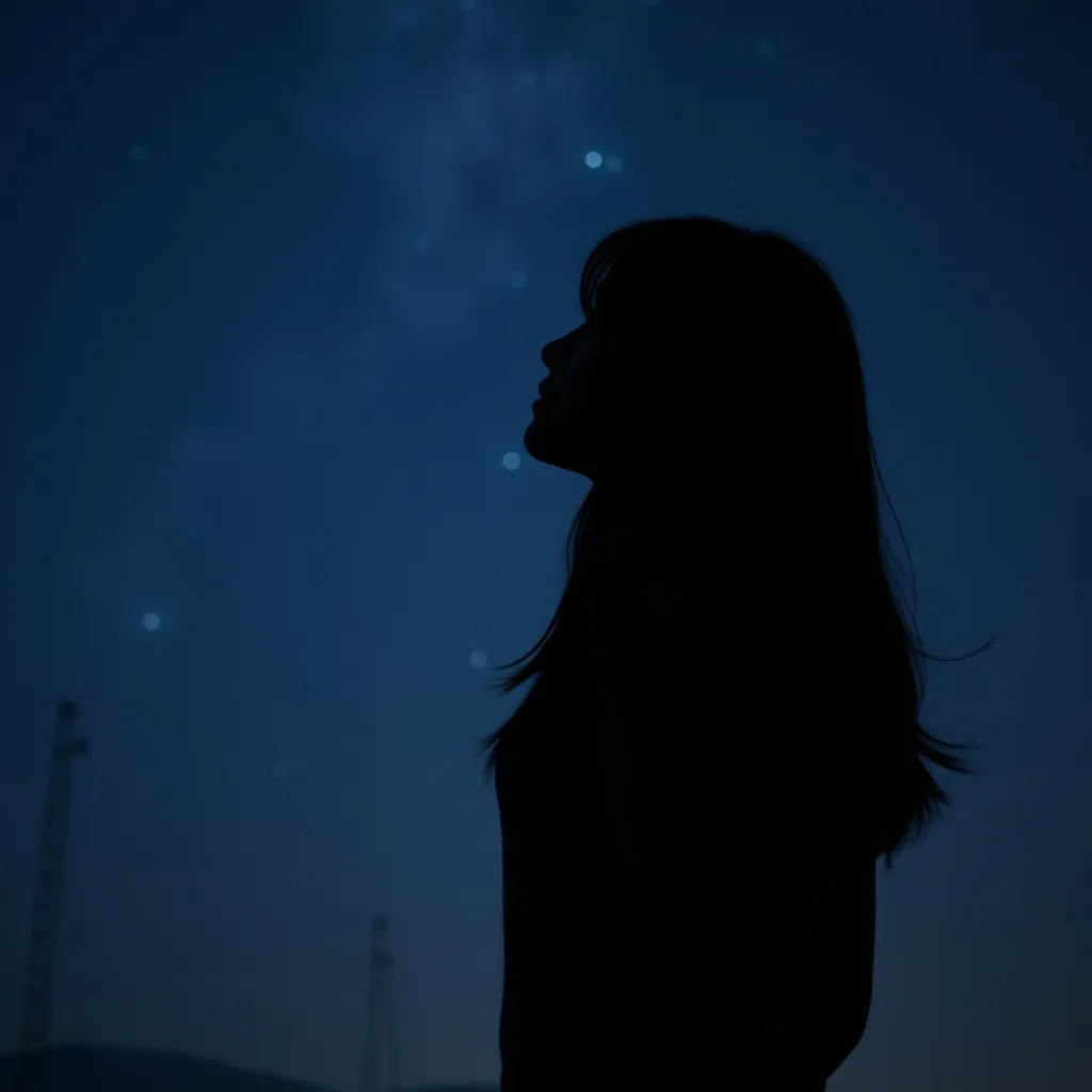 Prompt: A silhoutte of a young woman looking at the night sky.