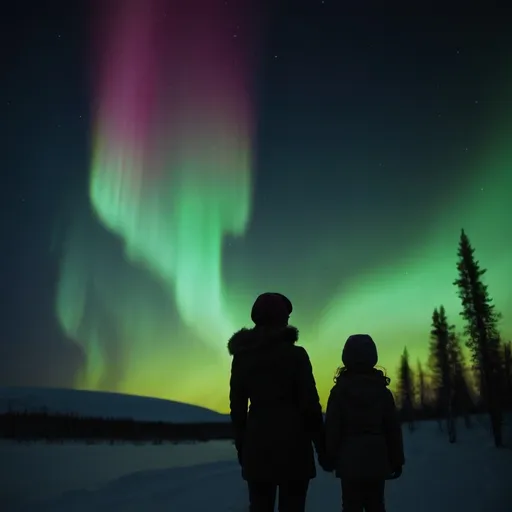 Prompt: A silhouette of a mother and a daughter watching the northern lights.