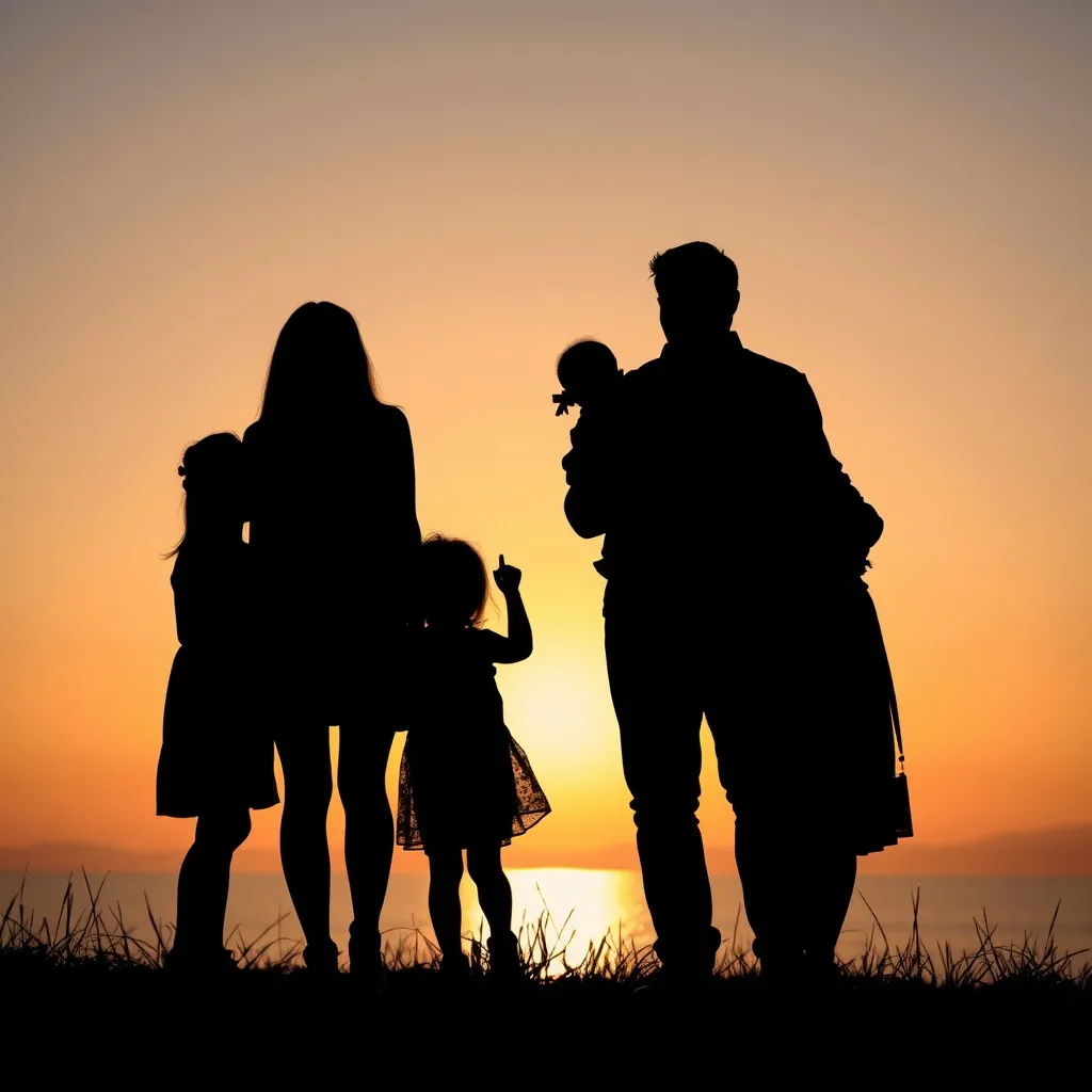 Prompt: A silhoutte of a family, three daughters, a couple husband and wife and a grandson and a granddaughter.