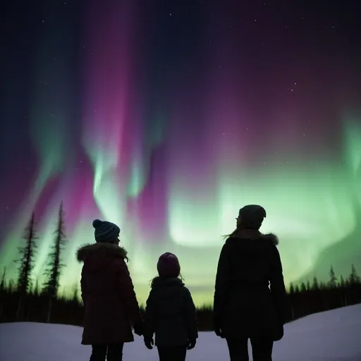 Prompt: A silhouette of mother and daughter watching the northern lights.