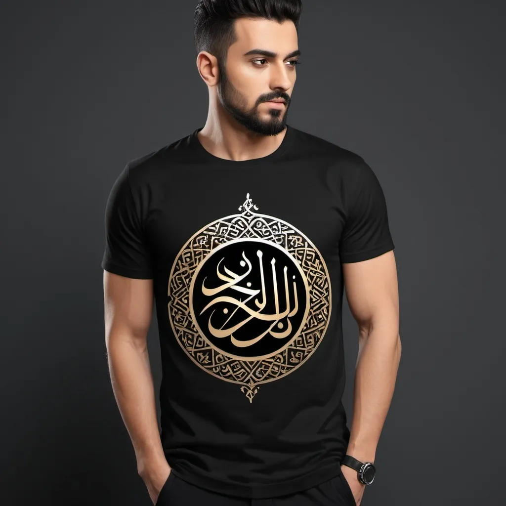 Prompt: Black T-shirt with Arabic calligraphy, bold and impactful design, artistic material, high contrast, detailed Arabic typography, professional digital rendering, high quality, modern calligraphy, black, Arabic typography, impactful design, detailed, professional, high contrast, digital rendering