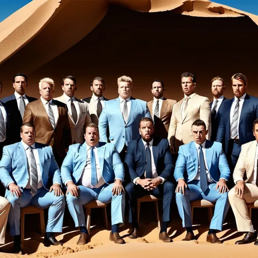 Prompt: 10 fat businessmen in destroyed suits, partially covered in sand, spread apart under an open tent in the middle of the desert, shocked, , detailed, sweat, realistic, 4k, precise, high-quality, desert scene, luxury attire, realistic expressions, limited water supply, intense disappointment, spacious setting, clear blue sky, professional lighting, visible desert, people far apart from each other