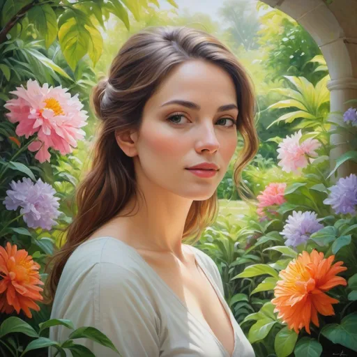 Prompt: Detailed painting of a serene woman in a lush garden, vibrant floral scenery, soft natural lighting, high quality, oil painting, serene woman, lush garden, vibrant floral scenery, soft natural lighting, detailed painting, high quality