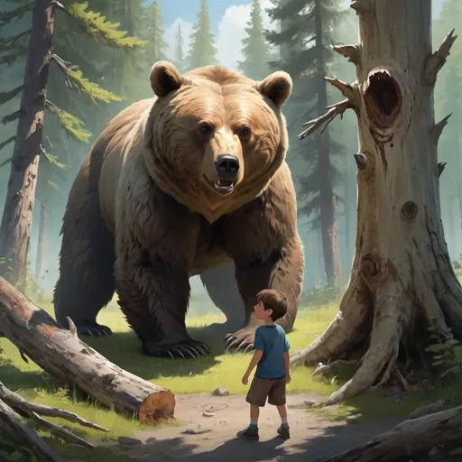 Prompt: A boy encounters a fierce bear with a fallen tree between them