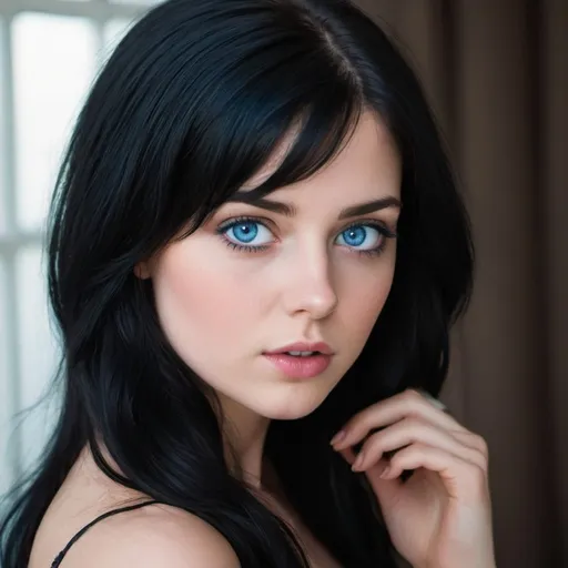 Prompt: A beautiful, alluring and mysterious young woman named sophie blue With lustrous black hair and impossible blue eyes.