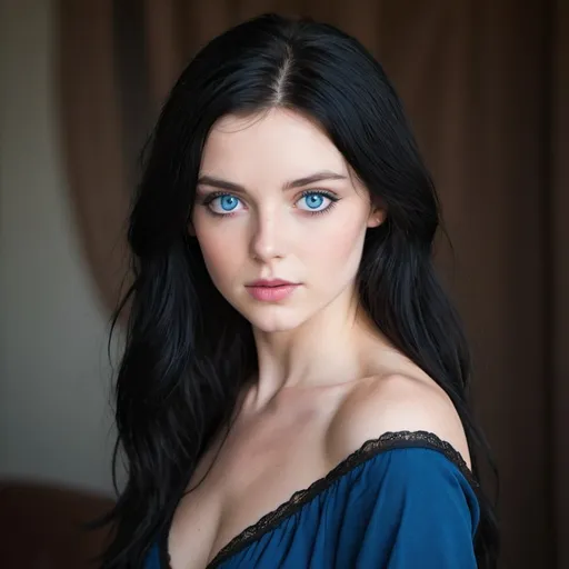 Prompt: A beautiful, alluring and mysterious young woman named sophie blue With lustrous black hair and impossible blue eyes.