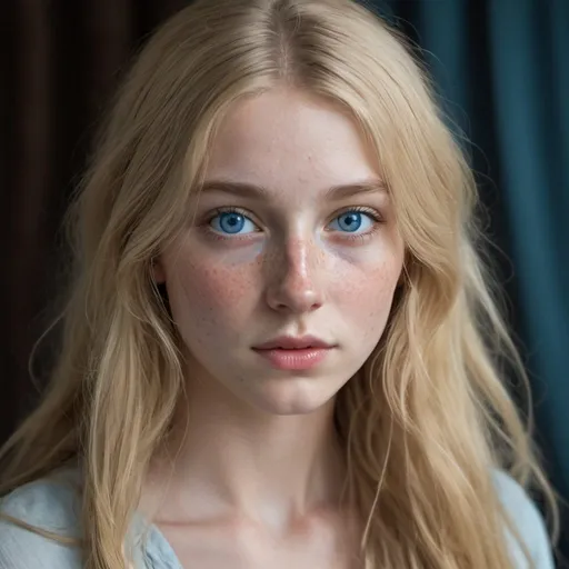 Prompt: A beautiful, alluring and mysterious young woman named sophie blue with long blonde hair a pert, upturned nose with a few freckles and and impossible blue eyes. Her face is round and delicate. Almost frail.