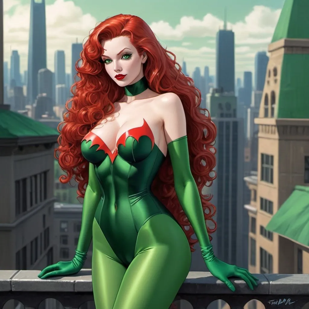 Prompt: Hyperrealistic comic style, Tsunako style, Batman the animated series 1992, Poison ivy, green eyes, glossy red lips, red curly long hair, green strapless one piece swimsuit with V open cleavage, long green gloves, long green silk embroided stockings, green long boots with high heels, city background, rising sun, full body plane image