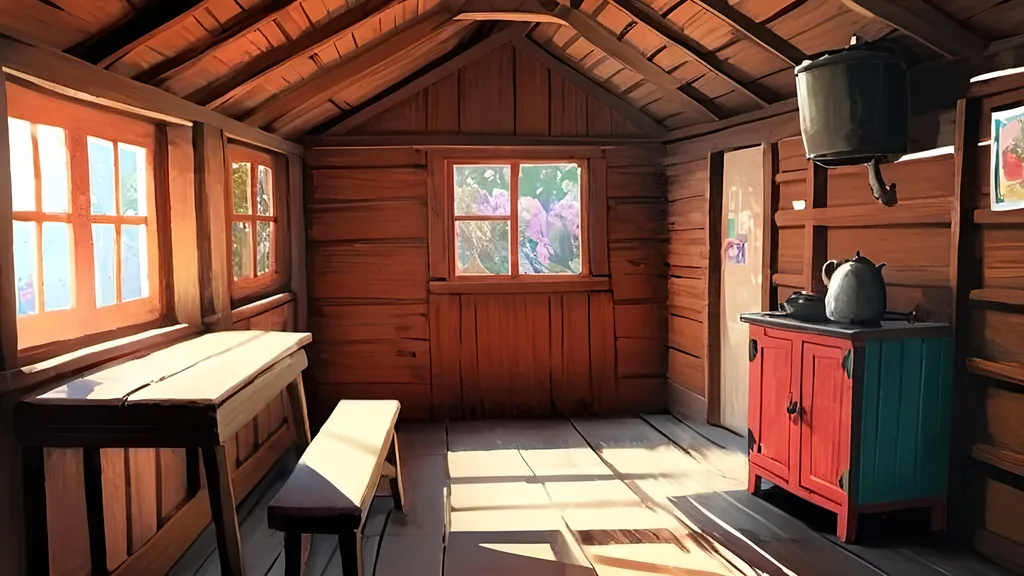 Prompt: Inside a wooden hut
