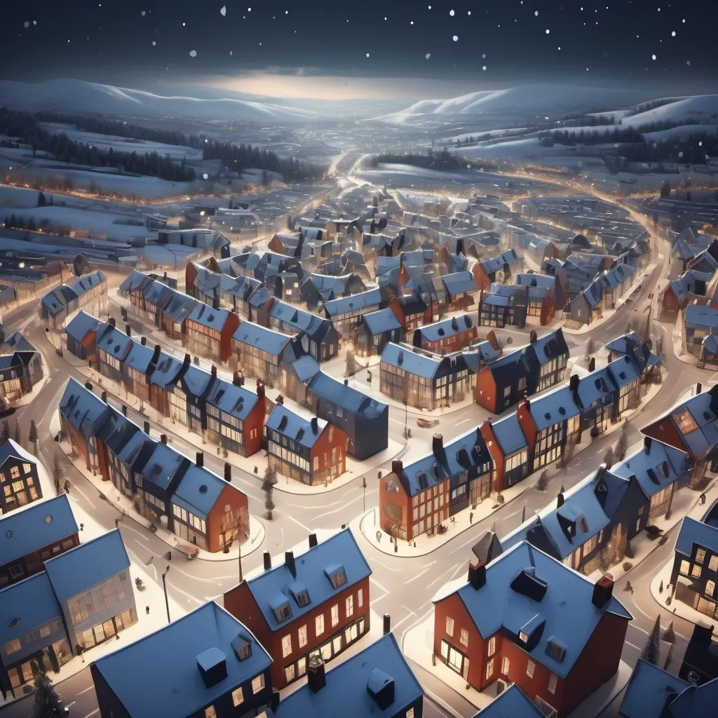 Prompt: A full view over a modern town and it christmas