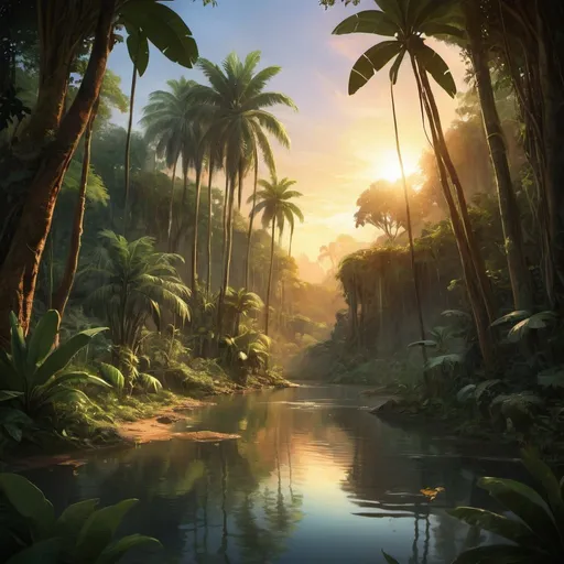 Prompt: Create a captivating digital painting of a jungle oasis bathed in the warm glow of the setting sun.