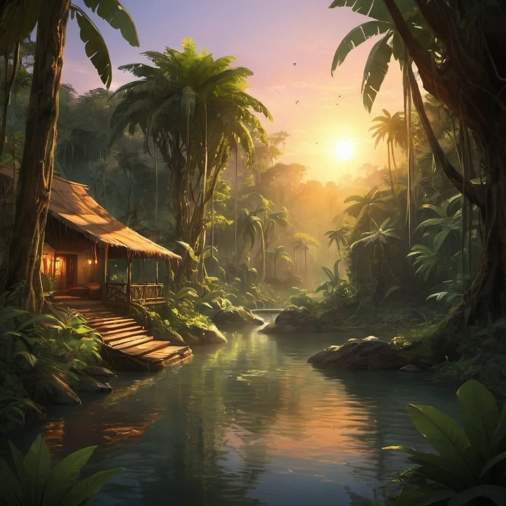 Prompt: Create a captivating digital painting of a jungle oasis bathed in the warm glow of the setting sun.