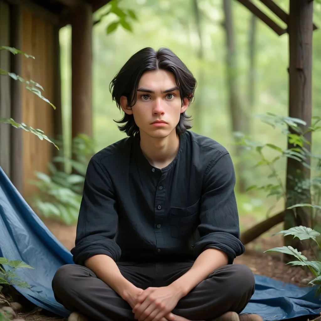 Prompt: A young individual gazes intently at the camera, their expression calm yet contemplative, framed by neatly styled dark hair that falls softly across their forehead. Wearing a black shirt, they are seated in a rustic outdoor setting, beneath a blue tarp that creates an intimate but open atmosphere. The background reveals hints of weathered materials and leafy greenery, suggesting a natural environment that might be near a home or temporary shelter. The lighting is soft and natural, creating a serene mood that draws focus to the subject’s expressive features and the relaxed vibe of the space. The overall composition captures a moment of quiet reflection, inviting viewers to ponder the story and experiences behind the gaze.