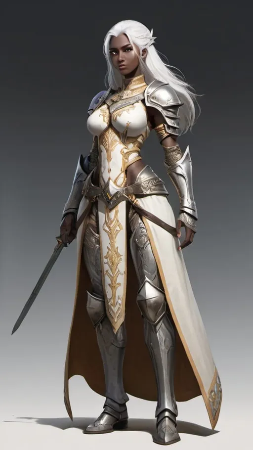 Prompt: a full body image of a tall slim female kalashtar paladin with white hair 