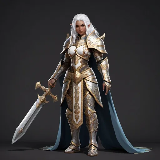 Prompt: a full body image of a female kalashtar paladin with white hair
