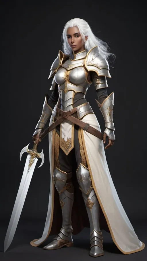 Prompt: a full body image of a tall slim female kalashtar paladin with white hair  with a great sword with a small chest