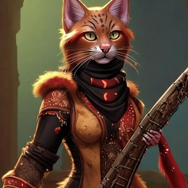 Prompt: female tabaxi bard with red fur and black spots

