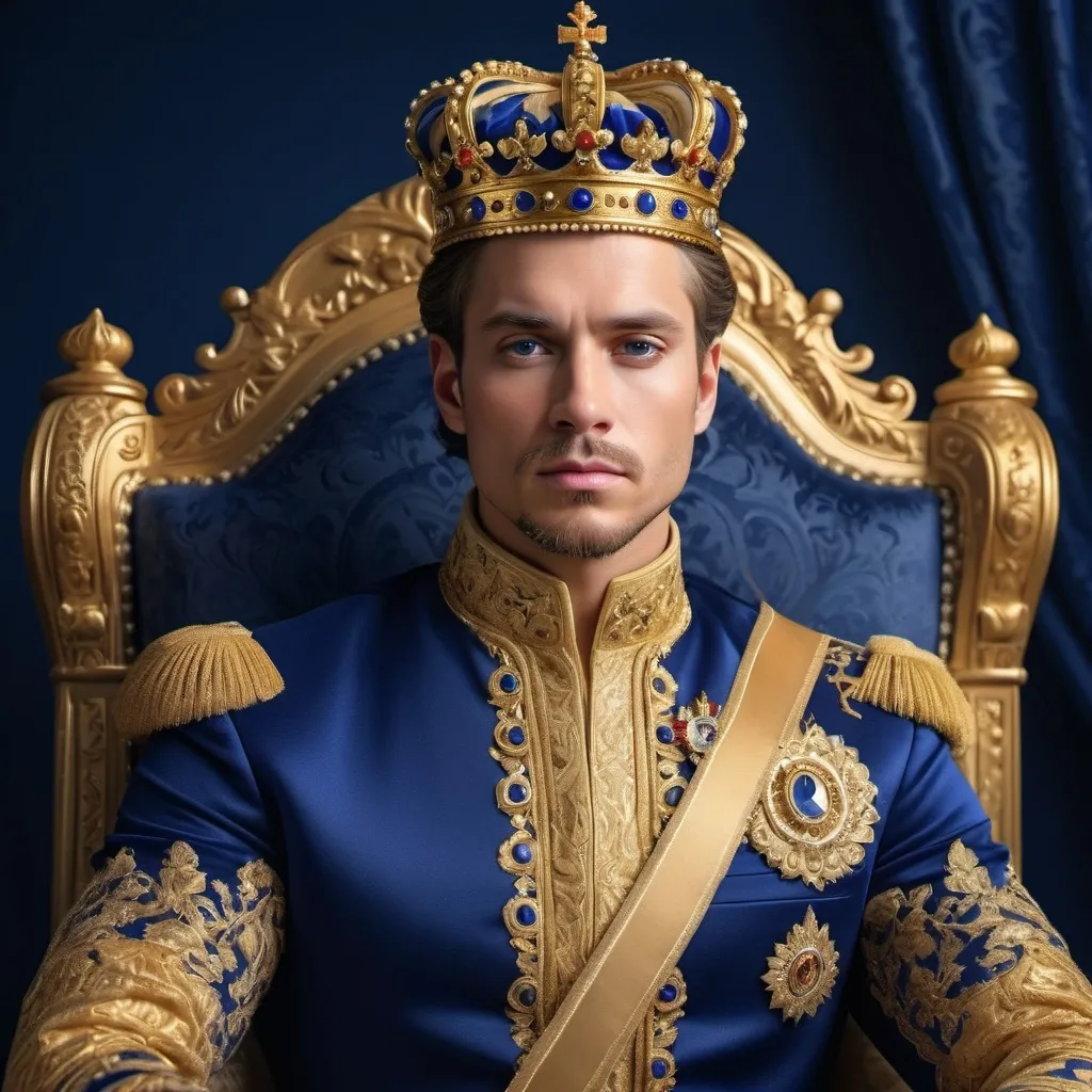 Prompt: (royal king), majestic attire, (golden clothes), detailed embellishments and intricate patterns, dignified pose, powerful expression, rich royal blue background, opulent detailing, elegant crown, warm lighting that highlights the shine of gold, mood of nobility and grandeur, (ultra-detailed), high-quality image.