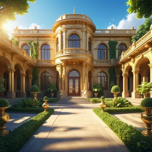 Prompt: (golden luxury outside of a school), opulent architecture, extravagant details, lush greenery, shimmering sunlight reflecting off surfaces, a tranquil and sophisticated ambiance, elegant pathways, dynamic play of shadows, upscale surroundings, vibrant blue sky, ultra-detailed, 4K quality image, inviting atmosphere, tranquil yet luxurious vibe.