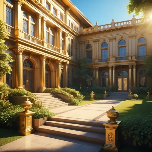 Prompt: (golden luxury outside of a school), opulent architecture, extravagant details, lush greenery, shimmering sunlight reflecting off surfaces, a tranquil and sophisticated ambiance, elegant pathways, dynamic play of shadows, upscale surroundings, vibrant blue sky, ultra-detailed, 4K quality image, inviting atmosphere, tranquil yet luxurious vibe.