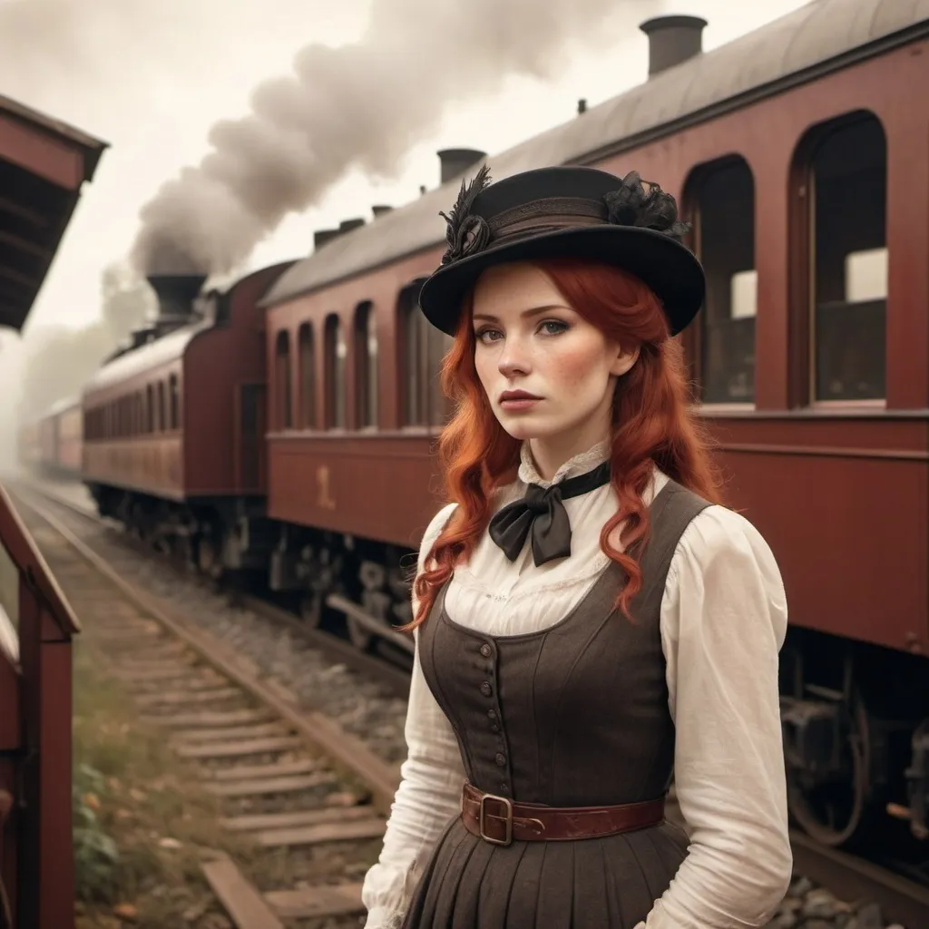 Prompt: a woman with red hair close to the train in the 1900 century