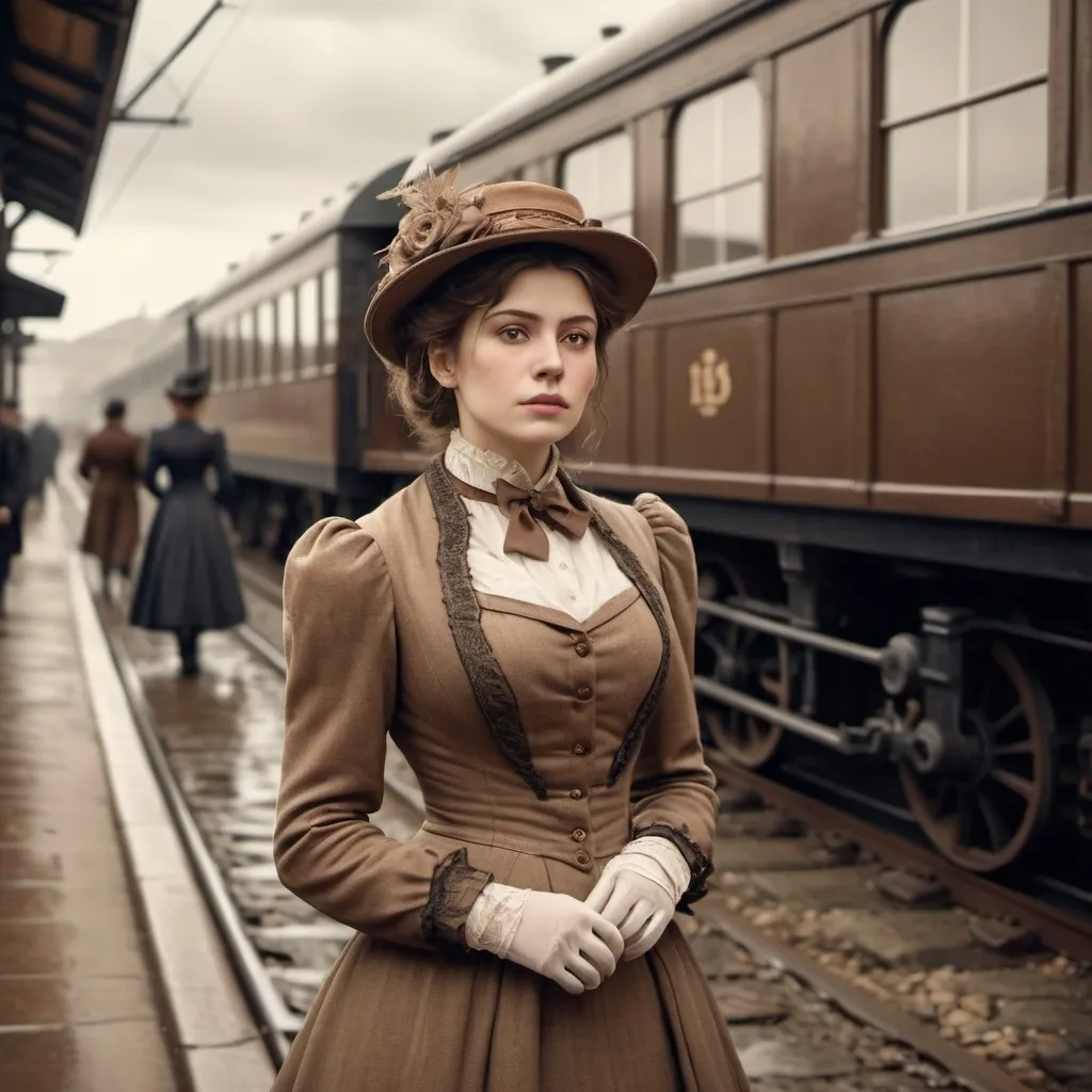 Prompt: a woman close to the train in the 1900 century