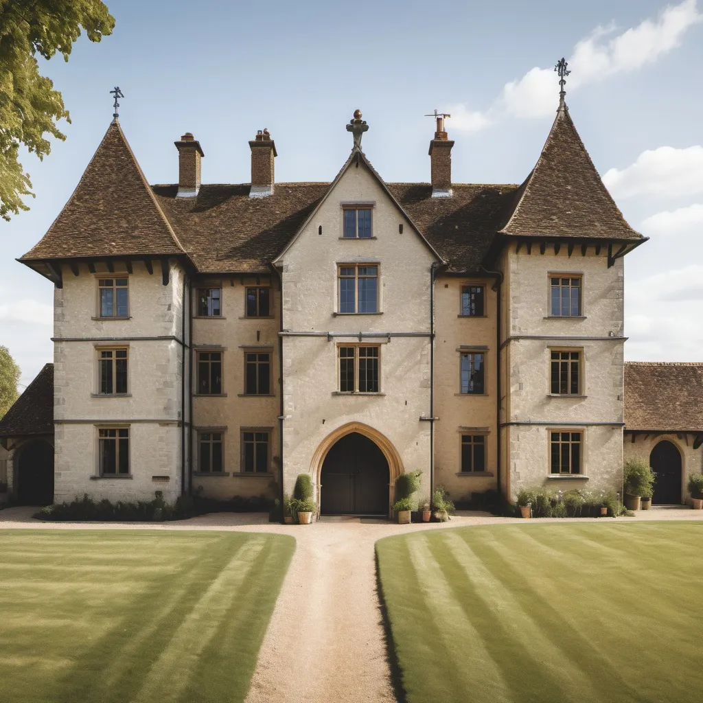 Prompt: the outside of a two storey medieval countryside mansion with farmland and a stables block