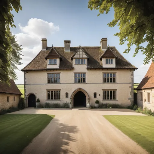 Prompt: the outside of a two storey medieval countryside mansion with farmland and a stables block