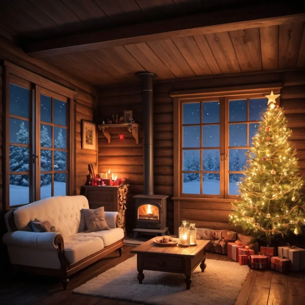 Prompt: a cozy wood room in Christmas with stove and sofa in winter at night

