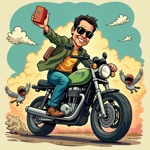 Prompt: Create a comical t-shirt design in a cartoon illustration style. Show Jair Bolsonaro riding an exaggeratedly large motorcycle like a cartoon character, wearing sunglasses and waving with one hand while holding a box of chloroquine in the other. The background should be colorful and fun, with smiling clouds and birds wearing helmets. Add a funny retro-style caption: “Captain of Comedy”. The artwork should be lighthearted, caricatured, and exaggerated to emphasize the parody tone.