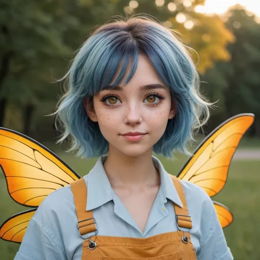 Prompt: In the style of an anime girl. 4'2 woman. Bob hair cut with some strands in front. Light blue skin color. Dark blue hair color. Freckles on her upper cheeks. Bright yellow and orange picnic blanket overalls overtop of a white button up short sleeve shirt. Yellow makeup dots on either side of her face. Short pointy ears that point upwards. Light brown eyes. Wings on her back that look like dragon fly wings. They are colored like a sunset. The wings are colored like a sunset. Facing forwards and looking at the camera. Has a slight smile on her face. 