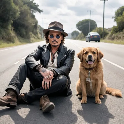 Prompt: cat and a dog chilling on road with johnny depp

